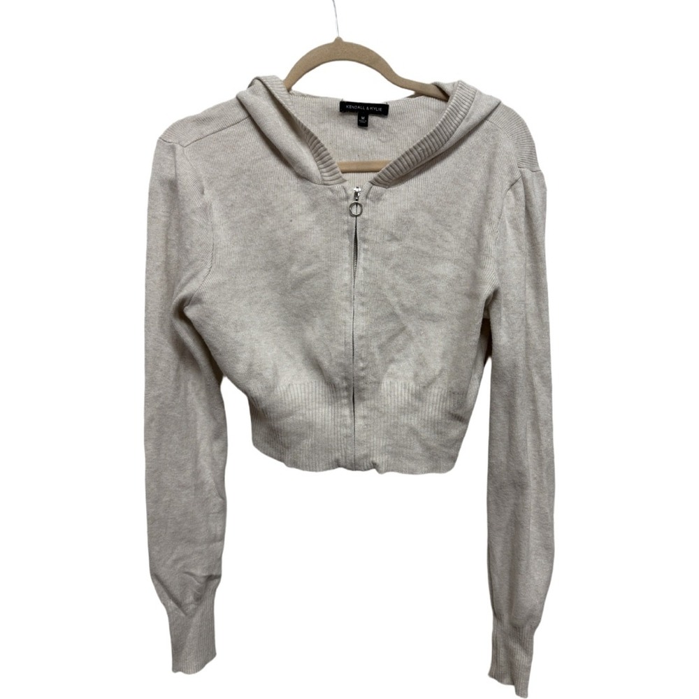 Kendall & Kylie Cropped Zip Up Hooded Knit Jacket Sweater Cream Size Medium